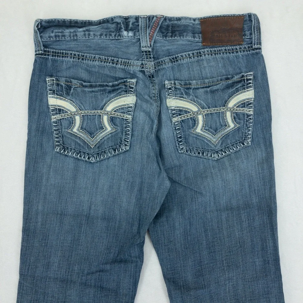 Big Star Pioneer Jeans Mens 33R Blue Distressed Boot Cut Raw Hem Buckle